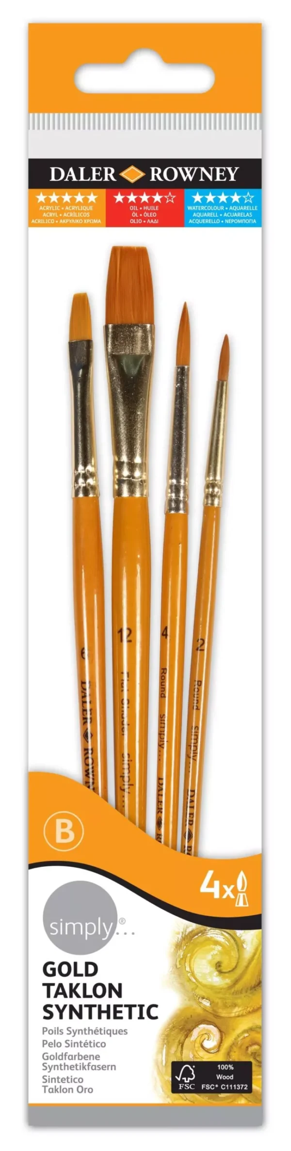 Ακρυλικά Πινέλα Gold Taklon Σετ 4τμχ - Short Handle #2